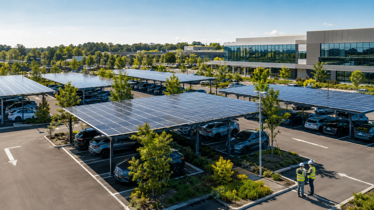 Mise en conformité APER d’un parking professionnel avec ombrières photovoltaïques et panneaux solaires