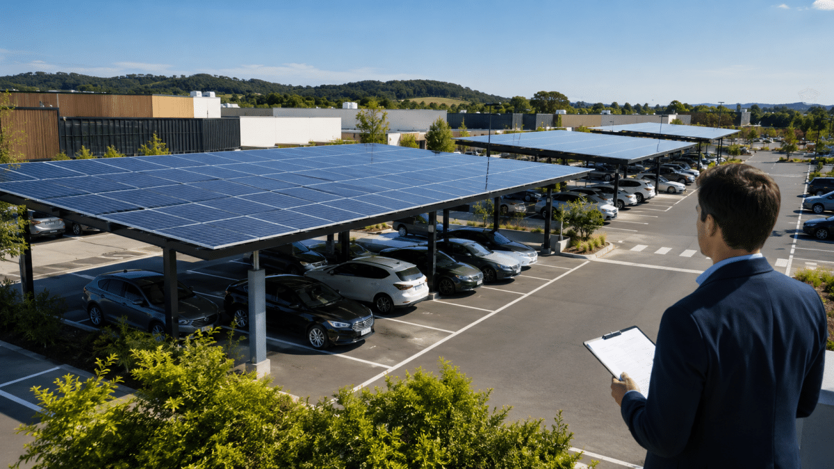 Parking d’entreprise équipé d’ombrières photovoltaïques pour répondre aux obligations de conformité de la loi APER 2026
