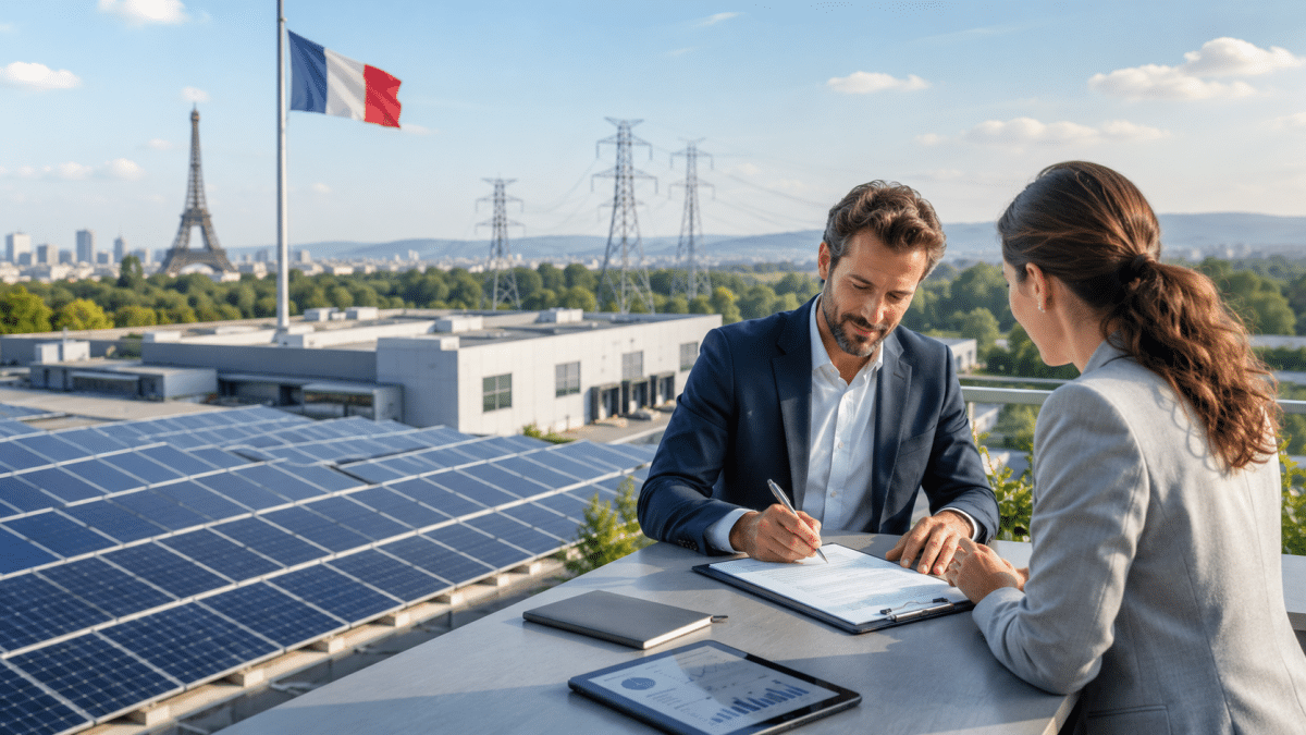Signature d’un contrat PPA photovoltaïque en France pour une entreprise équipée de panneaux solaires en 2026.