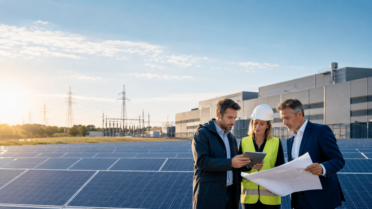 Professionnels analysant la compatibilité d’un projet solaire avec un contrat PPA photovoltaïque sur un site industriel.