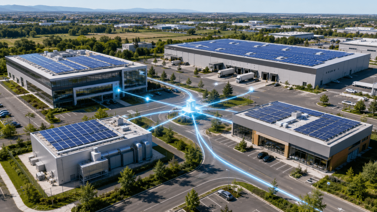 Plusieurs bâtiments d'entreprise équipés de panneaux solaires partagent une production photovoltaïque en autoconsommation collective multisite