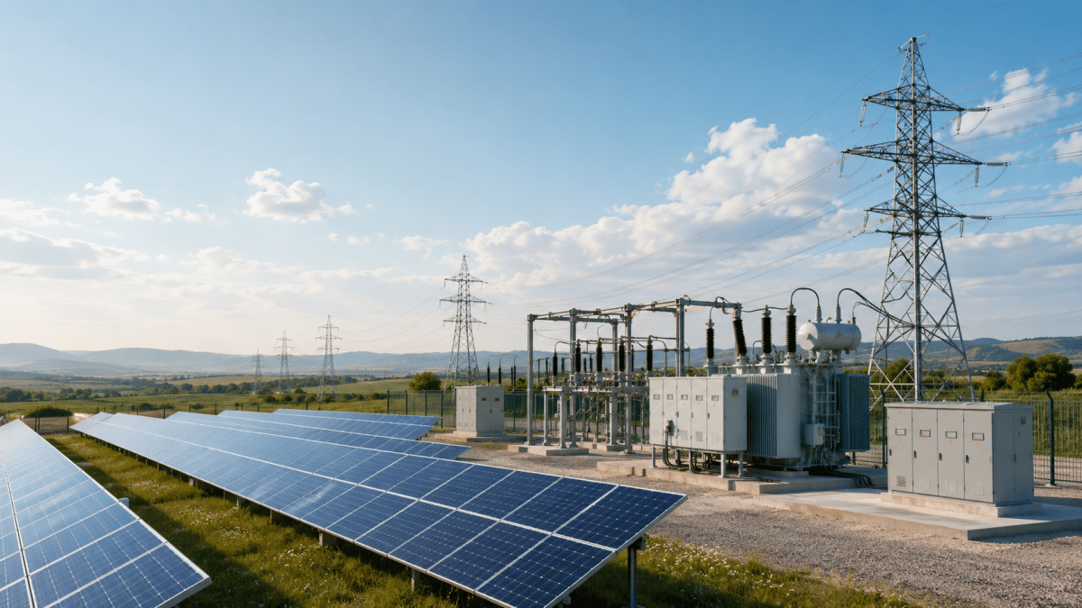 Raccordement HTA et HTB d’une centrale solaire avec panneaux photovoltaïques, poste de transformation électrique et lignes haute tension