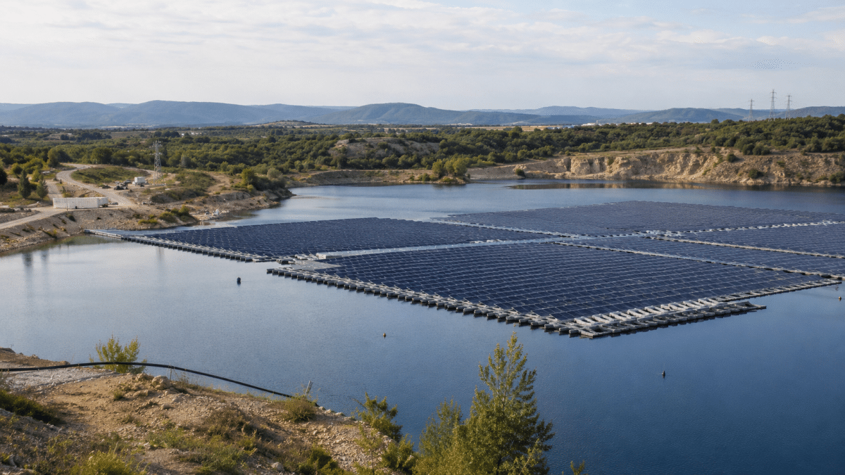 Centrale photovoltaïque flottante installée sur un plan d’eau artificiel en France