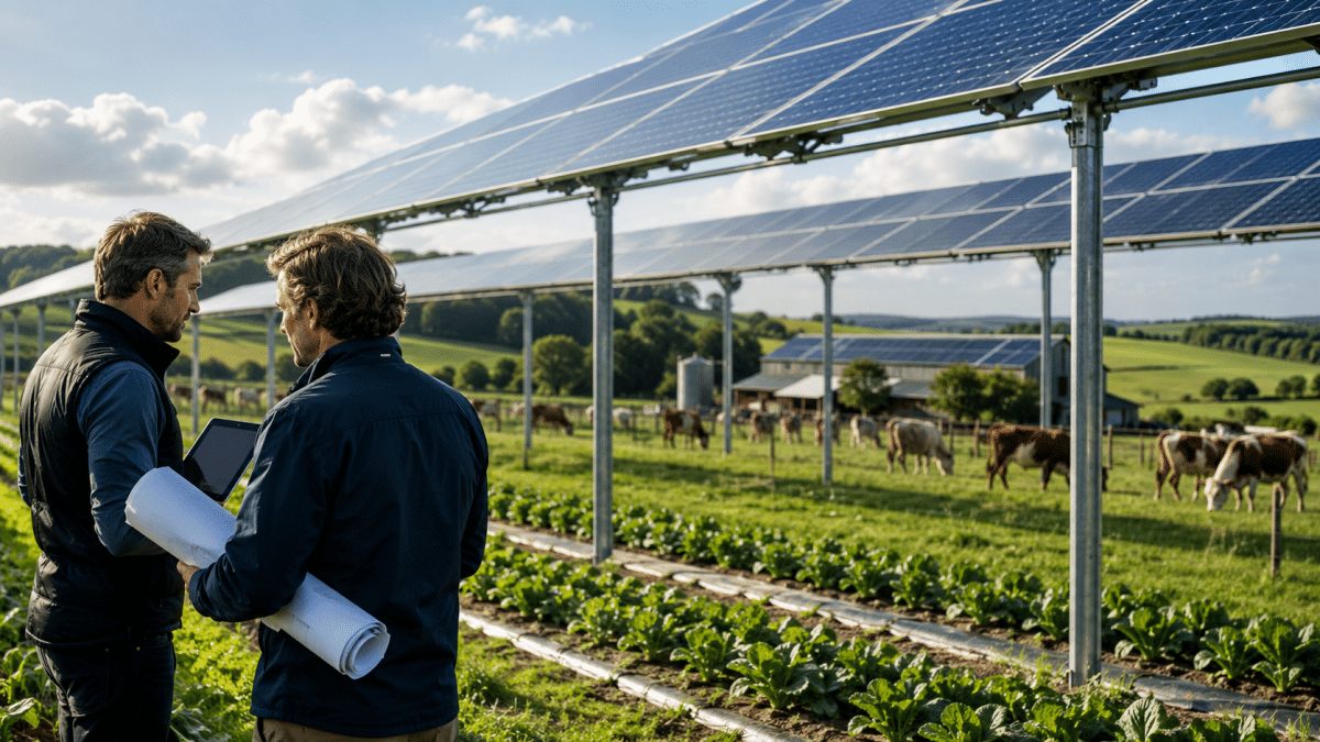 Installation agrivoltaïque en France avec panneaux solaires au-dessus de terres agricoles dans le cadre de la loi Simplification 2026
