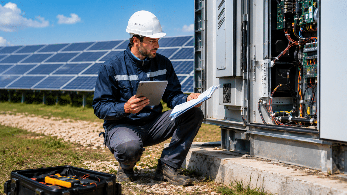 Technicien réalisant l’audit technique des équipements d’une centrale photovoltaïque avant son acquisition