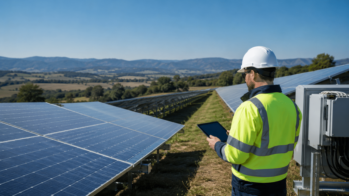 Technicien réalisant le suivi d’exploitation et de maintenance d’une centrale photovoltaïque au sol