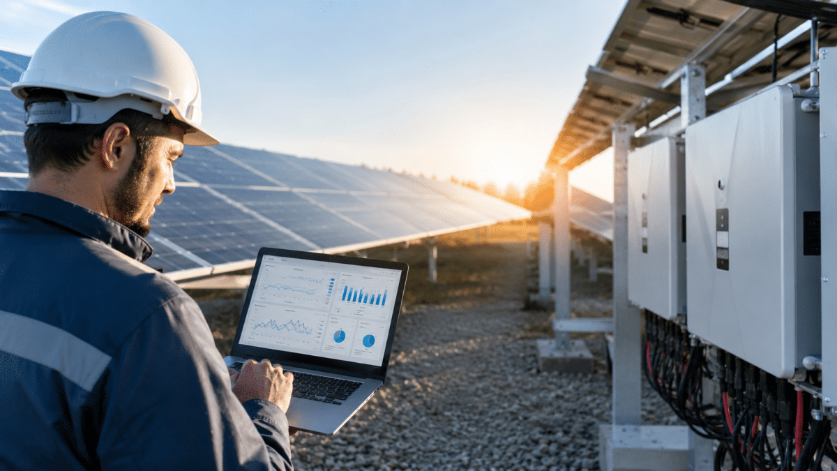 Technicien réalisant le suivi d’exploitation et de maintenance d’une centrale photovoltaïque au sol