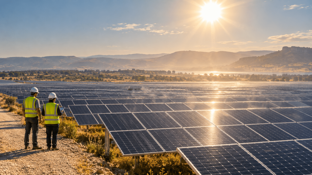 Techniciens observant une centrale photovoltaïque en période de canicule pour analyser l’impact de la chaleur sur le rendement solaire