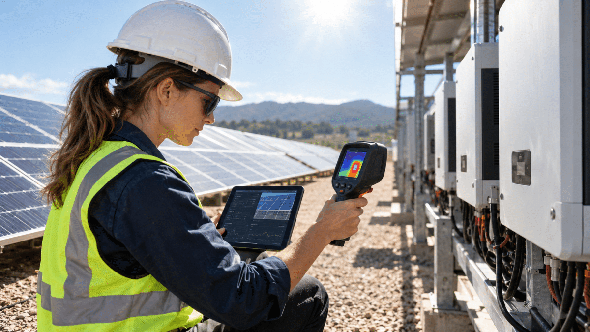 Techniciens observant une centrale photovoltaïque en période de canicule pour analyser l’impact de la chaleur sur le rendement solaire