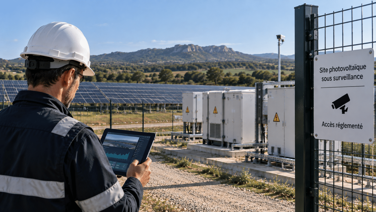 Technicien supervisant la sécurité et les équipements connectés d’une centrale photovoltaïque