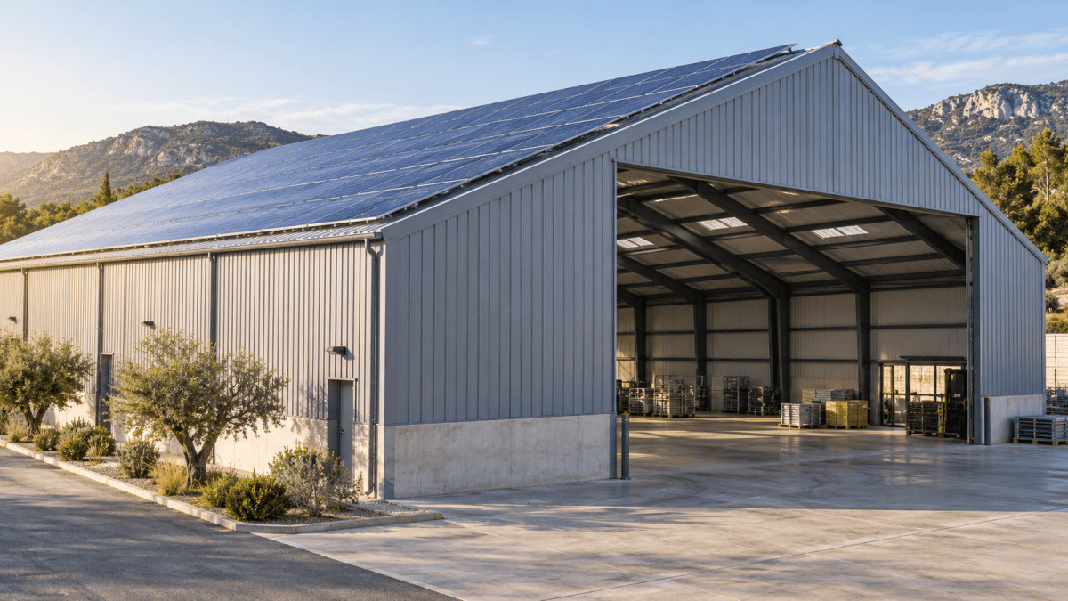 Bâtiment industriel équipé de panneaux photovoltaïques, avec une charpente métallique visible sous la toiture.