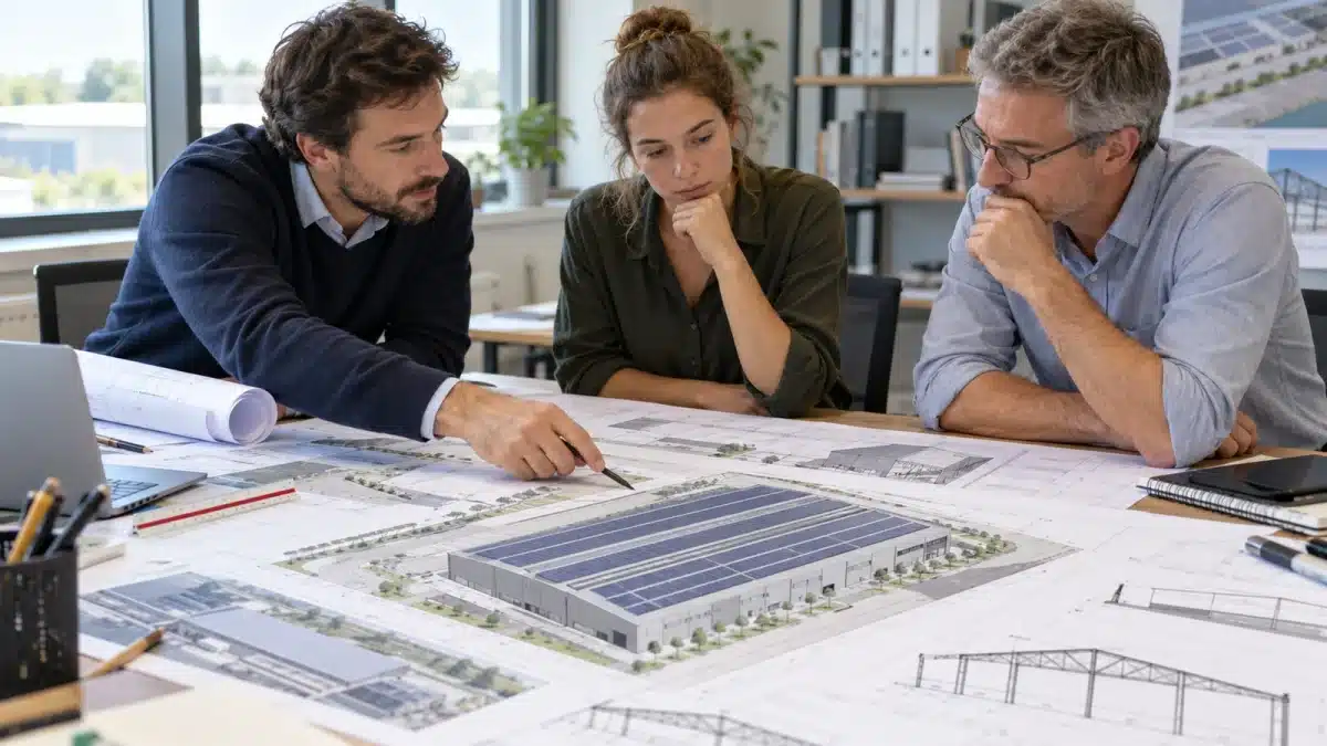 Trois ingénieurs examinant les plans d’un bâtiment industriel avec une toiture photovoltaïque