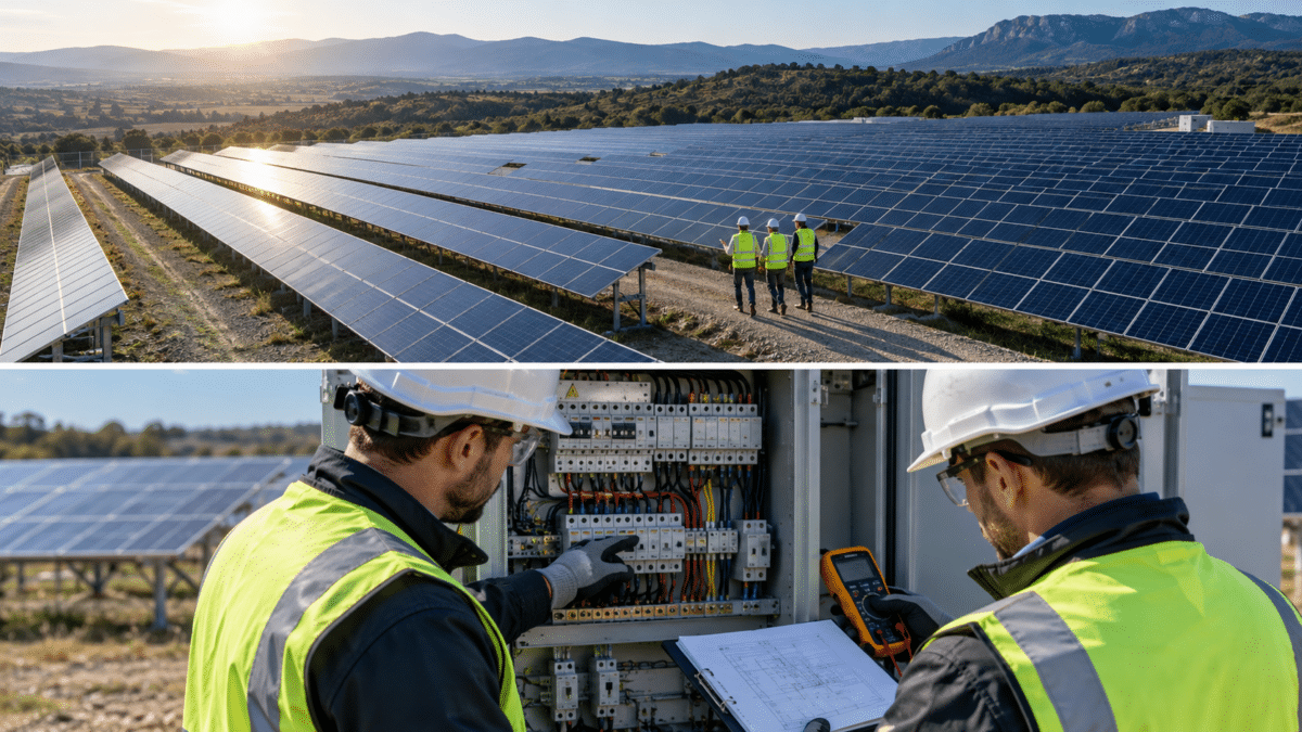 Techniciens contrôlant une armoire électrique lors de la réception d’une centrale photovoltaïque