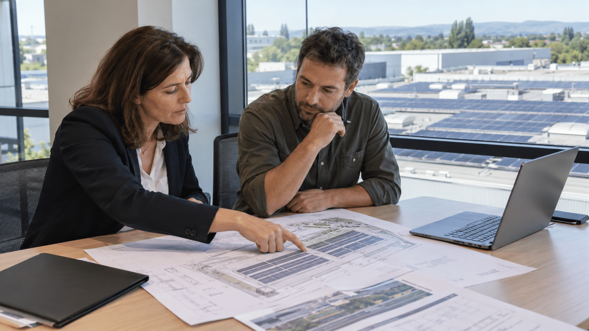 Deux professionnels examinent le plan d’une installation solaire devant une toiture équipée de panneaux photovoltaïques.