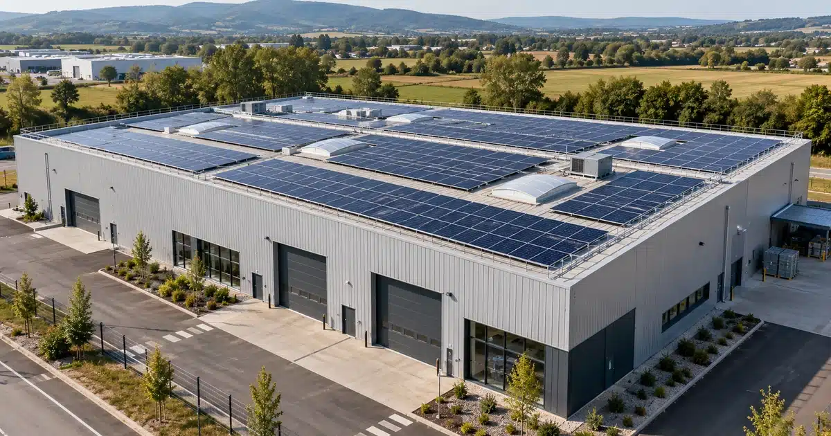Toiture d’un bâtiment industriel équipée de panneaux photovoltaïques