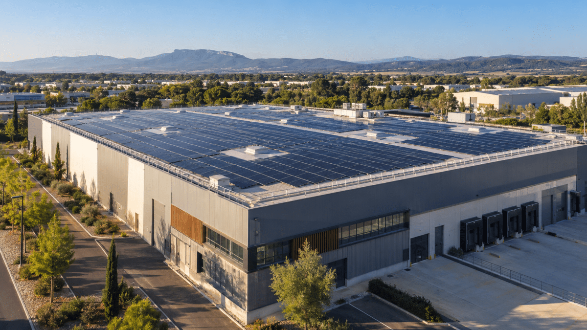 Vue aérienne d’un bâtiment industriel dont la toiture est équipée de panneaux photovoltaïques.